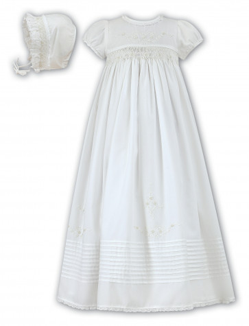 Sarah Louise 001168 Hand Smocked Cotton Christening Gown and Frilly Bonnet IVORY