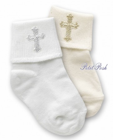 Baby Boys Holy Cross Christening Socks in ivory or white