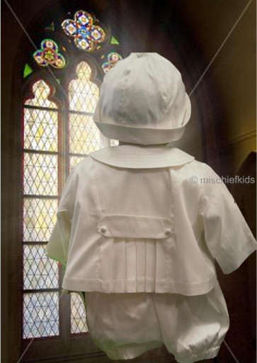 Silk Christening romper, hat and jacket with pleated back
