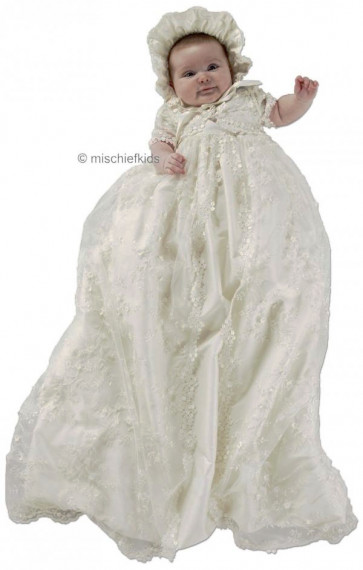 Little Darlings G9013 Claudia Ivory Silk Guipure Lace Extra Long Christening Gown, Bolero Jacket and Poke Bonnet Set IVORY