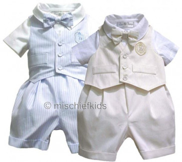 Little Darlings LD1733 and LD1740 Romper and Waistcoat BLUE or BISCUIT STRIPE