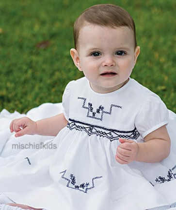 Sarah Louise 0109687 Baby Smocked Dress WHITE/NAVY