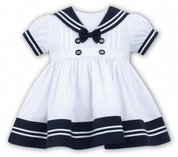 Sarah Louise 010411 Girls White/Navy Sailor Dress