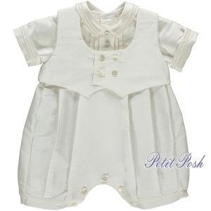 Emile et Rose Occasions 1683 SEBASTIAN Silk Christening Romper shown with included waistcoat