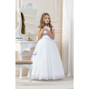 Lacey Bell CD11 LAUREN Tulle Lace Communion Dress - Ankle Length with lace on the hem of the tulle skirt and lace overlay on the bodice.