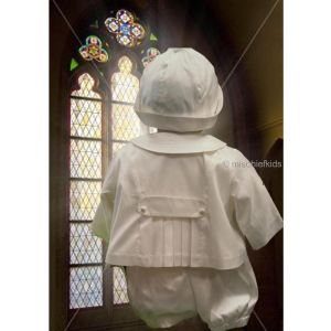 Silk Christening romper, hat and jacket with pleated back