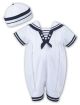 Sarah Louise 010813 Boys Sailor Romper & Hat WHITE/NAVY